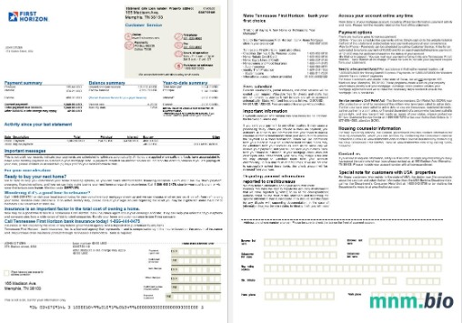 USA Tennessee First Horizon Bank wyciąg z kredytu hipotecznego w formatach Word i PDF, 2 strony